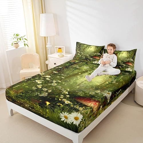Erosebridal Magic Fitted Sheet Mushroom Fitted Sheet Twin Size Daisy Leaves Branches Sunset Nature Bedding Set Trippy Style Fairy Tale Theme Bed Cover Home Room Decorative thumbnail 6