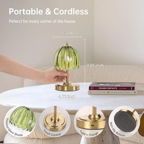 Shenmoyl Tulip Small Table Lamp, 5200mAh Cordless Touch Control Mini Table Lamp with 3 Color Temps & Stepless Dimming, Perfect for Small Spaces Like Dressers, Bedsides, Bookshelves (Green Tulip) thumbnail 9