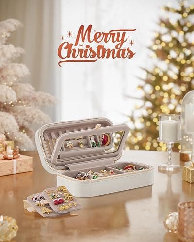 SONGMICS HOME Travel Jewelry Case, Travel Jewelry Box Organizer with Mirror, 4.1 x 8 x 2.4 Inches, Stitching, Portable, Christmas Gift, Cloud White UJBC180W01 thumbnail 2
