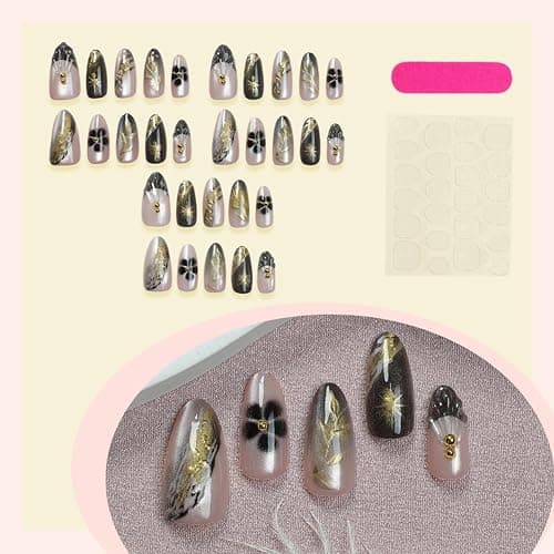 24Pcs Almond Press on Nails Medium Fake Nail with 3D Leaf Designs Marble Nail Art Gold Leaves Acrylic Nails Press ons Reusable French Tip False Nail Full Cover Floral Glue on Nails for Women thumbnail 3