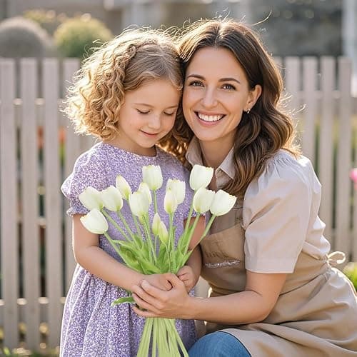15 Pcs White Tulips Artificial Flowers Faux Tulips Real Touch Latex | Fake Flower Bouquet for Wedding Dining Table Living Room Home Décor Centerpiece Arrangements thumbnail 2