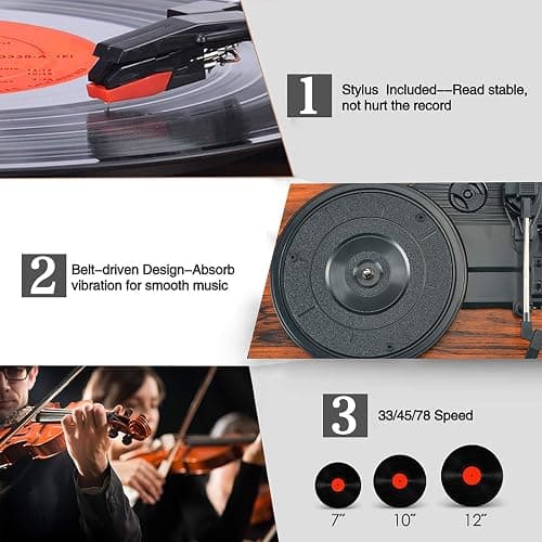 Vinyl Record Player Wireless Turntable with Built-in Speakers and USB Belt-Driven Vintage Phonograph Record Player 3 Speed for Entertainment and Home Decoration thumbnail 3