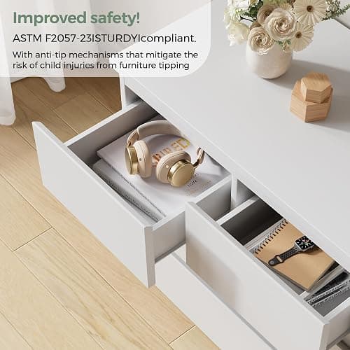 Orgobysol 6 Drawer Double Dresser for Bedroom, Modern Simply Chest of Drawers, Wood Storage Dresser with Anti-Tipping for Living Room Hallway Entryway, Nursy White (15.3" D x 47.2" W x 32.3" H) thumbnail 7