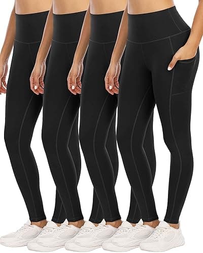 YOUNGCHARM 4 Pack Leggings with Pockets for Women,High Waist Tummy Control Workout Yoga Pants - Large - 4 Packs-black/Black/Black/Black