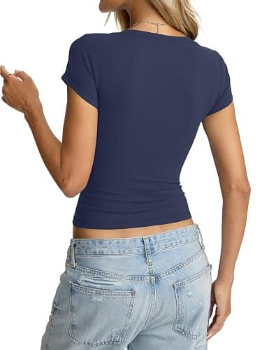 EasyGala Womens Deep V Neck Short Sleeve Shirts Sexy Slim Fit Crop Tops Basic Tees Going Out Summer Outfits thumbnail 6
