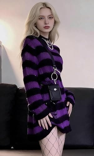 URAWESO Goth Y2K Striped Sweater Ripped Punk Gothic Long Sweaters for Women Harajuku Aesthetic Halloween Pullover Tops thumbnail 8