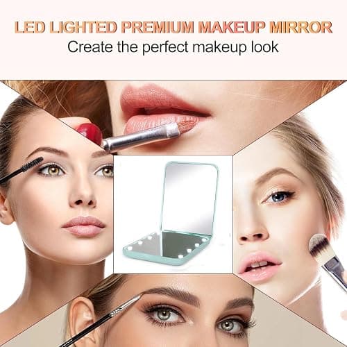 Compact Travel Makeup Mirror, 1x/3x Magnification, Handheld Mirror for Purse, Pocket, Folding, 2-Sided, 8 LEDs,Small Mirror with Lights (Cyan) thumbnail 4
