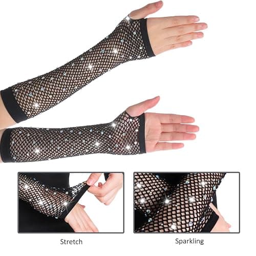 OTPEH Women Fishnet Rhinestone Gloves Fingerless Fish Net Arm Sleeve Warmers 80s Emo Scene Accessories thumbnail 4