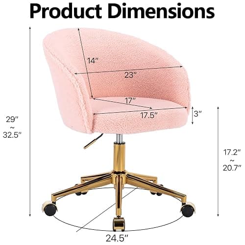 Nahenduo Cute Vanity Chair with Back, Teddy Velvet Desk Chair with Wheels and Gold Legs, Modern Makeup Chairs for Vanity Bedroom Office, Adjustable High 360 Swivel (Pink) thumbnail 2