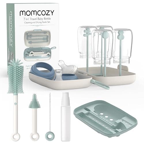 Momcozy Juego de cepillos 7 en 1 para biberones, Kit Completo de Limpieza de biberones con Cepillo de Silicona, Cepillo para pezón, Cepillo para Pajita, dispensador de jabón y Estante de Secado - Image 1