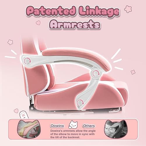 Dowinx Gaming Chair Cute with Cat Ears and Massage Lumbar Support, Ergonomic Computer Chair for Girl with Footrest and Headrest, Comfortable Reclining Game Chair 290lbs for Adult, Teen, Pink thumbnail 5