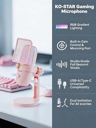 Pink USB Condenser Microphone for Gaming, PC Mic with 2 Pickup Patterns, RGB Light, Tap-to-Mute, 96KHz/24Bit for Streaming Podcast YouTube Recording, Plug & Play for PS4 PS5 Computer Accessories thumbnail 4