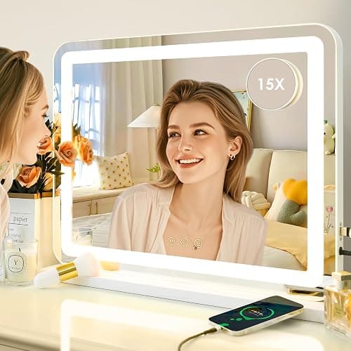 LuxeVue Vanity Mirror with Lights, 23" x 19" Large Makeup Mirror with 3 Color Modes & Adjustable Brightness, Detachable 15x Spot Magnification, Smart Touch Control,Plug in(Tabletop & Wall-Mounted) thumbnail 7