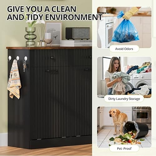 VKUCI Double Tilt Out Trash Can Cabinet, 20 Gallon Fluted Laundry Hamper Cabinet with 2 Drawers, Wooden Hidden Garbage Can Cabinets for Kitchen, Living Room, Without Trash Bin or Laundry Hamper,Black thumbnail 4