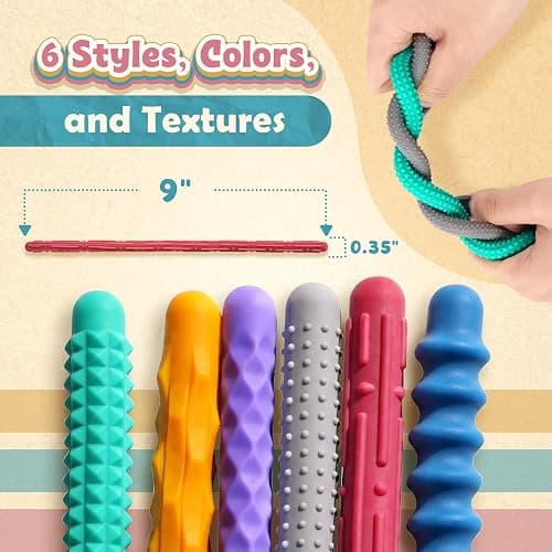 Sensory Fidget Toys for Kids: Textured Silicone Fidget Stick 6 Pack, Sensory Toys for Autism ADHD, Calm Down Travel Airplane Toys, Easter Basket Stuffers thumbnail 3