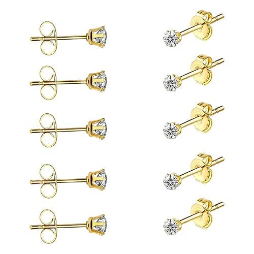 5/10 Pairs Silver Gold Stud Earrings Set, 14K Gold Plated 316L Surgical Stainless Steel Hypoallergenic Cubic Zirconia CZ Small Piercing Earring for Women Men 3 mm - Image 1