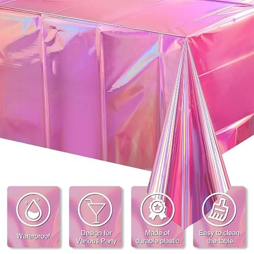 4 Pack Iridescent Pink Plastic Tablecloths, FunnyPars Shiny Disposable Laser Rectangle Table Covers, Holographic Foil Tablecloth Iridescent Party Decorations for Kpop Birthday Wedding Xmas, 54x108Inch thumbnail 4