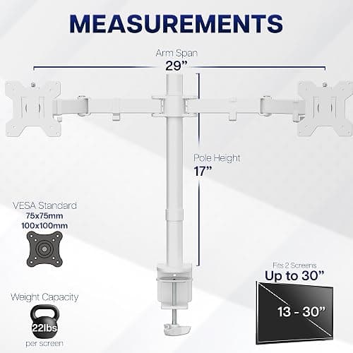VIVO Dual Monitor Desk Mount for 13 to 30 inch Screens, STAND-V002W | White, Articulating, Adjustable Monitor Arm, Grommet or C-Clamp Mounting, Computer Stand for 2 Monitors, Holds 22 lbs Each thumbnail 4