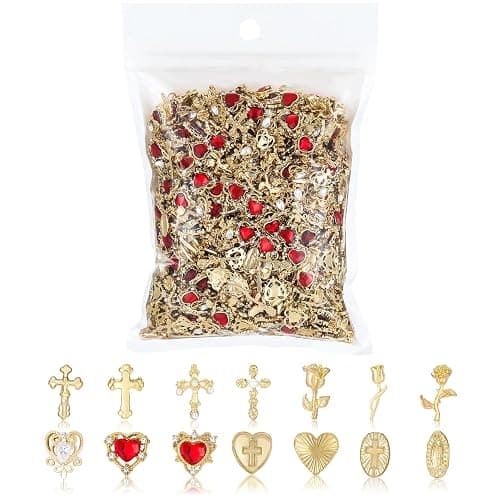 128PCS Gold Nail Charms Set with Rhinestones and Gems, Rose, Hearts, Cross and Virgin Mary - Y2K 3D Shiny Jewelry Nail Decorations Accessories Supplies - Image 1
