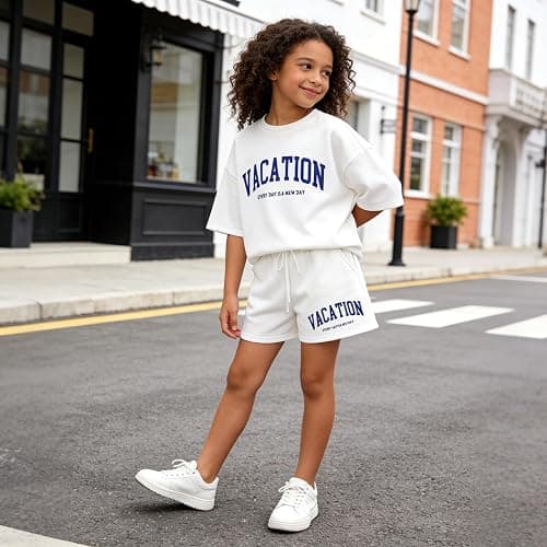 Klyatpxoen Size 6-12 Years Girl's Tracksuit Sets 2 Piece Outfits Letter Print Vacation Tee Top and Drawstring Waist Shorts thumbnail 6