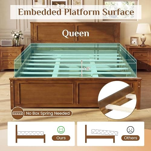 Giantex Wood Queen Size Bed Frame with Headboard, Farmhouse Solid Platform Bed w/Wooden Slat Support Mattress Foundation, Under-Bed Storage, No Box Spring Needed, Walnut thumbnail 6