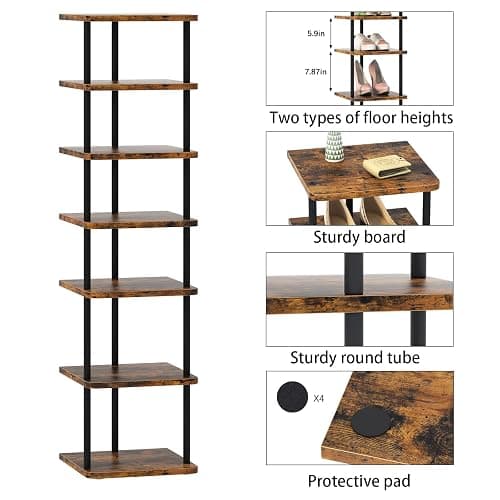Huhote Shoe Rack Organizer, Shoe Stand, 7 Tier Narrow ShoeShelf, Metal ShoeTower, ShoeRack for Closet, Hallway, Entryway, Front Door, Small Spaces, Wood Color thumbnail 3