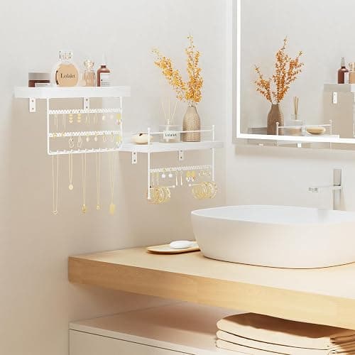 Lolalet Hanging Jewelry Organizer Wall Mount with Earrings, Bracelets, Necklaces Hooks - Easy Install Free Combination Jewelry Holder for Wall Bathroom - Set of 2, White thumbnail 4