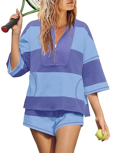 Yanekop Womens Striped Workout Set Two Piece Lounge Set Athleisure Sets | Oversized Striped Matching Set, Casual Summer Lounge Sets, 2 Piece Short Sets, Quarter Zip Tops and Shorts Set - Image 1