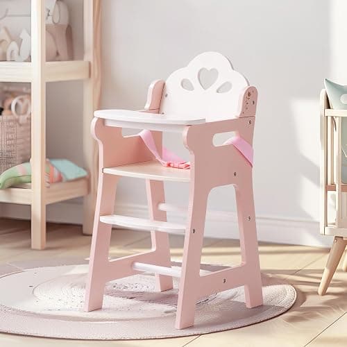 ROBOTIME High Chair for Pretend Play, Wooden Baby Doll Furniture with Safety Belt and Footrest, Fits 18 Inch Dolls, Gift for Ages 3+, White/Pink thumbnail 7