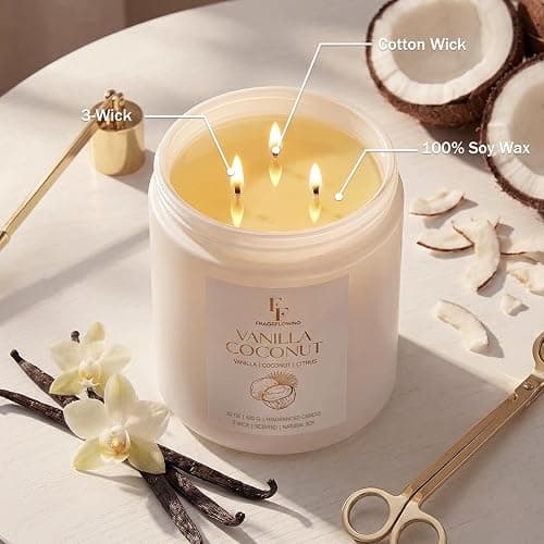 Vanilla Coconut Large Scented Candle, 3-Wick 22oz Long Lasting Scented Candle, Natural Soy Wax Aromatherapy Candle for Home, Candle Gifts for Women Men thumbnail 4