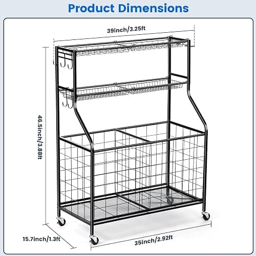 Garage Sports Equipment Organizer, Sports Equipment Storage for Garage with Baskets and Hooks, Rolling Basketball Racks for Balls with Wheels, Outdoor Toy Storage (Original Black) thumbnail 2