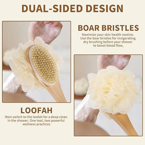 DEBETOOL Shower Loofah with Handle - Wooden Long Handle Shower Body Brush with Loofah for Exfoliating, Natural Loofah Back Scrubber for Women and Men thumbnail 3
