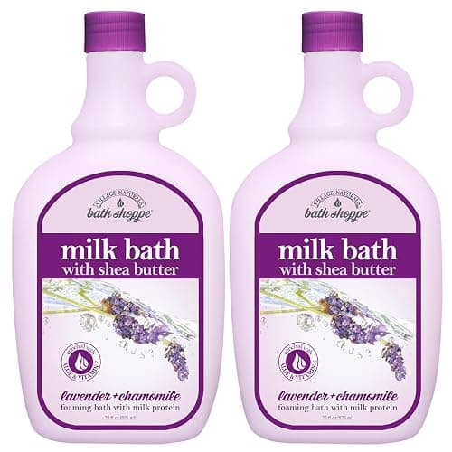 Village Naturals Bath Shoppe Moisturizing Lavender Chamomile Milk Bath - Hydrates Skin - Made with Shea Butter and Vitamin E (Pack of 2 Bottles, 28 fl oz Each) - Image 1