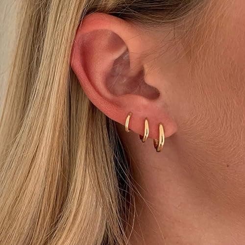 3 Pairs 14K Gold Plated Huggie Hoop Earrings for Women, Minimalist Gold Huggie Hoop Earrings, Simple 3 sizes Hoop Earrings for Women Men gift,gold silver rose gold and black - Gold thumbnail 3