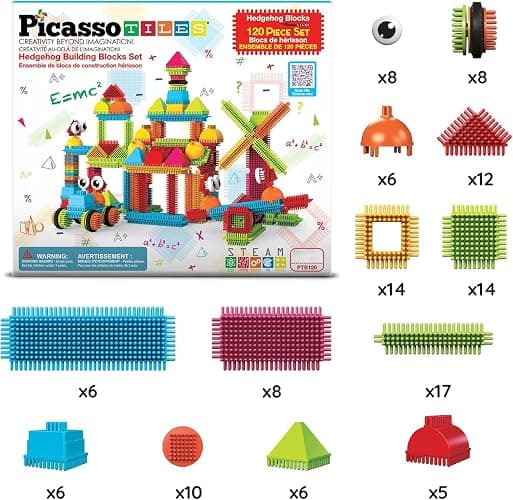 PicassoTiles 120pcs Hedgehog Interlocking Building Blocks Tiles Construction Toy Set Learning Playset STEAM Development Preschool Kindergarten Toy for Kids Age3+ PTB120 thumbnail 2