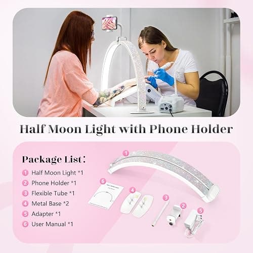 Yokilly Half Moon Light for Nail Desk: 29" Foldable Half Moon Desk Lamp with Phone Holder for Beginner - Arch Nail Tech Light with 3 Color Modes & 10 Brightness for Manicure Salon (Diamond, Large) thumbnail 7