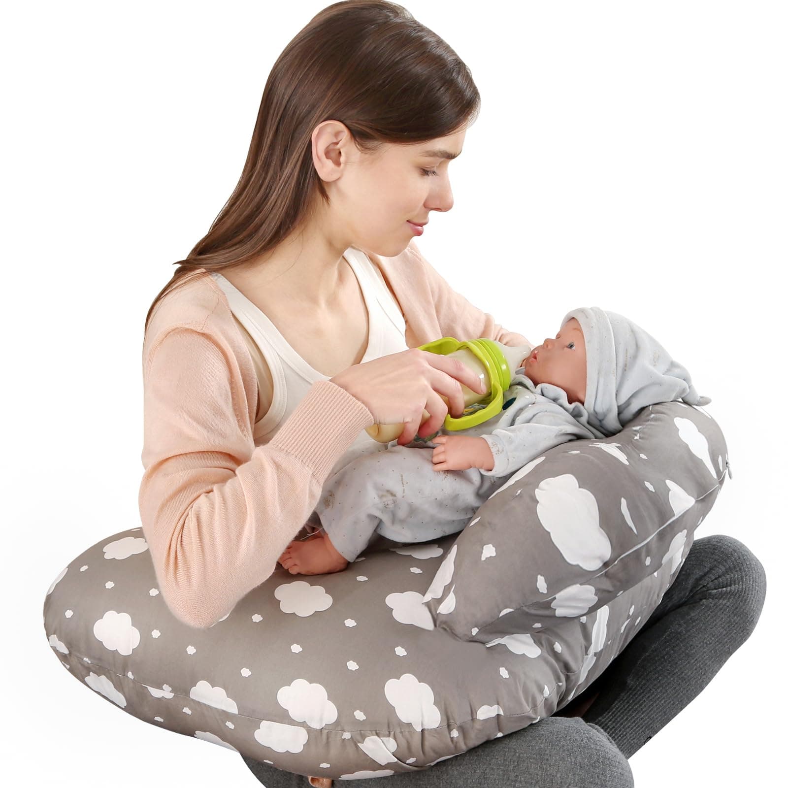 Nursing Pillow for Breastfeeding, Multifunctional Breast Feeding Pillow with Adjustable Waist Strap and Safety Fence, 100% Cotton Removable Pillowcase, Pregnancy Gift Grey - Image 1