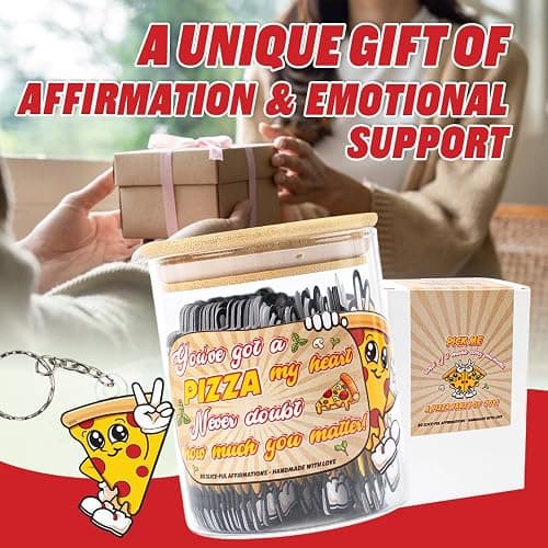 80 Positive Pizza Glass Jar & Keychain - 80 Affirmation Cards For Women, Emotional Support Pizza - Christmas Gift For Friend Women, Teen Girl Trendy Stuff, Mental Health & Stress Relief Gift thumbnail 5