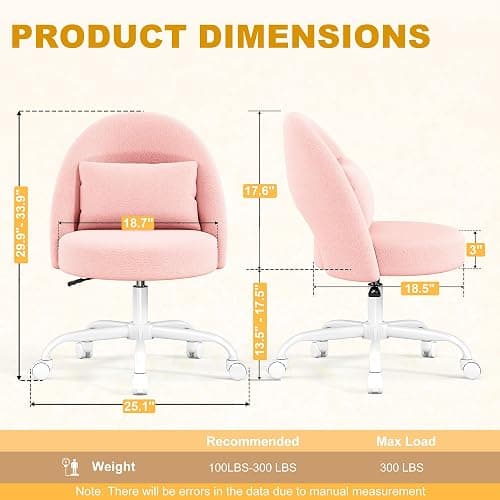 Misolant Vanity Chair with Back, Armless Cute Office Chair with Wheels for Girls, Teddy Fleece Fabric Small Desk Chairs with Adjustable Height, Lumbar Support Pillow, 360°Swivel for Makeup Room, Pink thumbnail 2