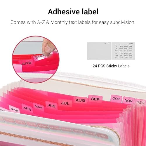Mukawa 13 Pocket Zippered Expanding File Folder, Accordion File Organizer for Documents Letter Size A4 Papers (Pink) thumbnail 5