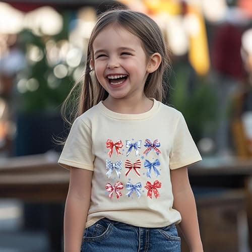 Goengmo Toddler Girl American Flag Shirt 4th of July Tshirt Cotton Short Sleeve Tees 2-12 Years - Bow Apricot - 11-12 Years thumbnail 4