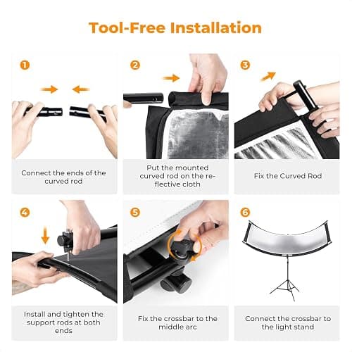 K&F CONCEPT U-Shape Reflector Curved Reflector 180x60cm with 4-in-1 Reflective Fabric, Black/Gold/White/Silver, with 1.9m Stand, with Storage Bag, for Photography Studios thumbnail 6