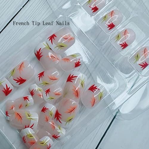 Fall Short Square French Tip Press on Nails with Leaves Design,Glossy Maple Leaf False Nails Glue on Nails,Autumn Winter Manicure Art Acrylic White Stick on Nails Fake Nail Tips for Women Thanksgiving thumbnail 4