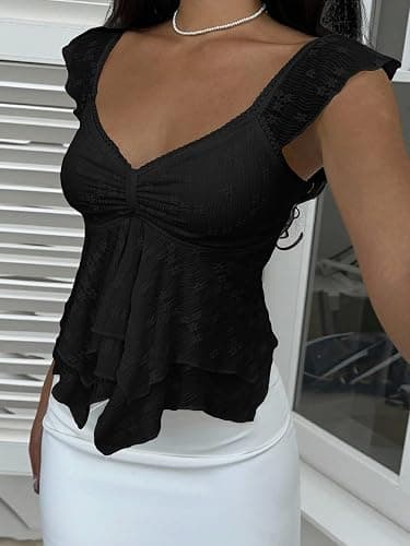 BAIGRAM Women Y2K Ruffle Flowy Peplum Babydoll Crop Tank Cute Sheer Floral Lace Sweetheart Neck Tops Tiered Going Out Shirt thumbnail 4