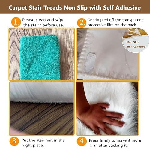 Soft Shaggy Plush Carpet Stair Treads for Wooden Steps Indoor,Non-Slip Fluffy Stair Runners Mat Staircase Rugs,Self Adhesive Stairway Grip Step Treads,Washable Stair Safety Mats Covers,Easy to Install thumbnail 5