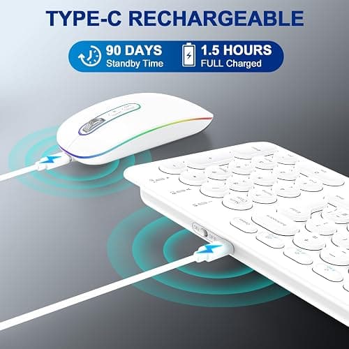 B Wireless Keyboard Mouse Set, Rechargeable Bluetooth & 2.4G Keyboard Mouse QWERTY UK Layout Computer Keyboard Quiet Mouse Combo for Windows PC Laptop Desktop - White thumbnail 2