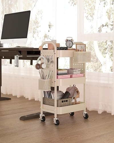 ALVOROG 3 Tier Rolling Cart with DIY Pegboards Metal Utility Cart with Wheels Handles Baskets Hooks, Craft Cart for Office Kitchen Bathroom(Khaki) thumbnail 8