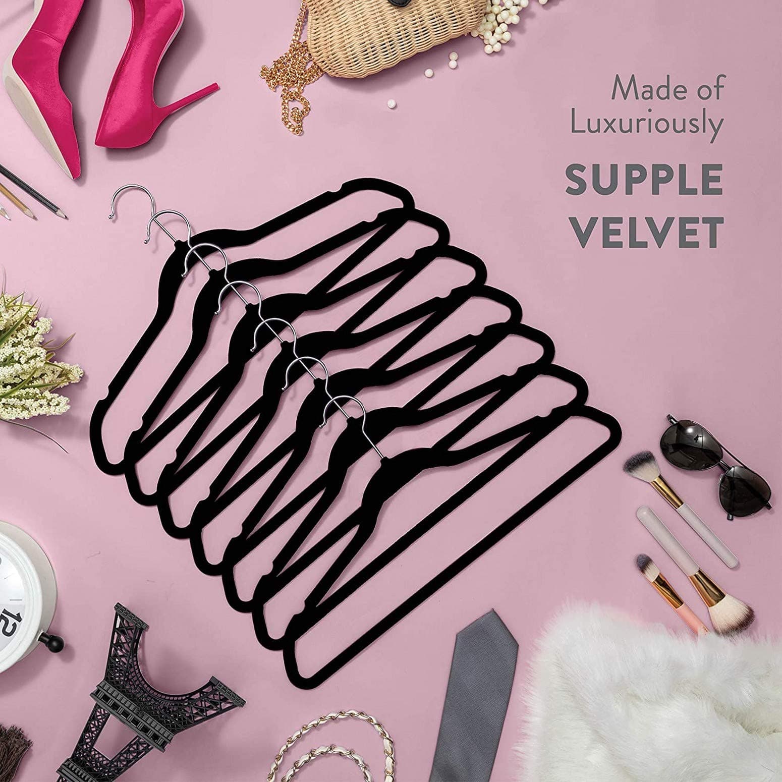 Coat Hangers Velvet 100-Pack Black with Silver Hooks, Non-Slip Hanger for Clothes, Camisole, Robes, Dress & Skirt, Top, Suit, Shirt & Pants, Jackets Coathangers thumbnail 2