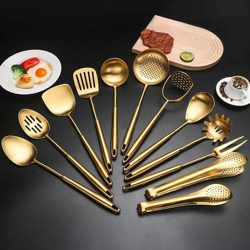 304 Stainlss Steel Matte Kitchen Utensils Set, 12 Pcs Long Metal Cooking Utensil Gadgets Tools Set with Spatula, Ladle, Spoon, Ladle, Skimmer, Tunner, Pasta Server, Tongs(Gold, Dishwasher Safe) thumbnail 7