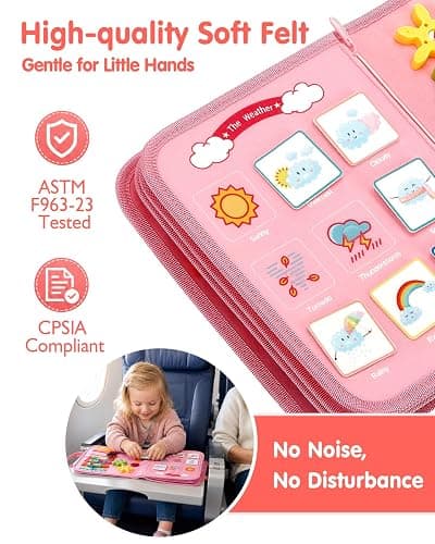 hahaland Busy Board Montessori Toys Busy Book Toddler Girl Gifts Travel Toy | Toddlers Educational Learning Toys with Life Skills, Alphabet, Number, Shape, Color, Weather, Detachable Pages for Car Ride thumbnail 7